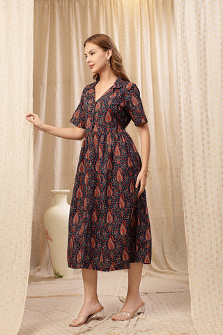Soft Cotton Texture of Deep Navy Zipless Maternity Lapel Dress with Pockets - Breathable & Comfy