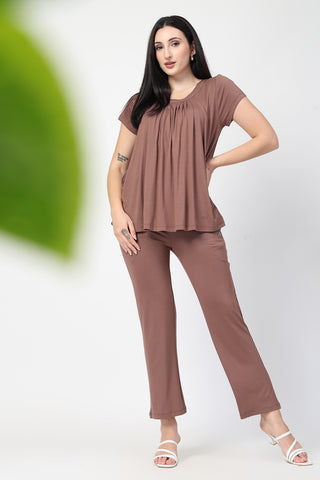 Mocha Pleated Zipless Nursing Top shown from alternate angle, highlighting comfort for all-day wear.