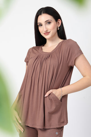 Mocha Pleated Zipless Nursing Top in brown-milange made with soft Viscose fabric.