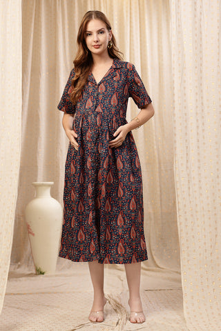 Back View of Deep Navy Zipless Maternity Lapel Dress with Pockets - Flattering Silhouette for Pregnancy