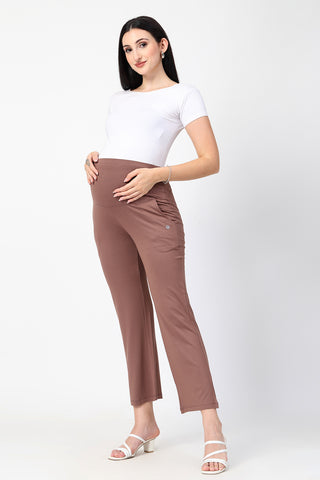 Mocha Maternity Pants; solid color is versatile for pairing with tops.