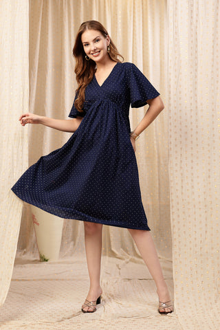 Stylish Navy Blue Maternity Wear - All Over Printed Concealed Zip Feeding Maternity Dress for New Moms