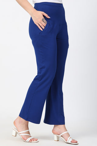 Royal Blue Flared Pants; flared design creates modern style.