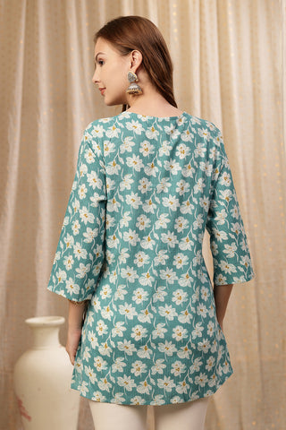 Close-up of Floral Teal Top embroidery; highlights the neck detail and vibrant print.