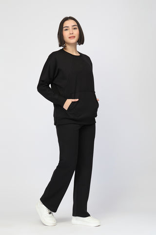 Laya Maternity Sweatshirt & Ribbed Pant Set - Black