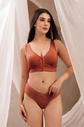Rust Front-Open Bra seams; cup construction avoids lines under light fabric.
