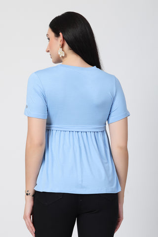 Close-up of aqua-blue Maternity Tops showing Zipless for easy nursing access.