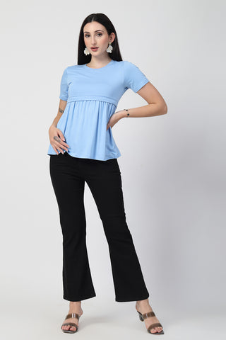 Smooth back view of aqua-blue Maternity Tops showing silhouette for comfort.
