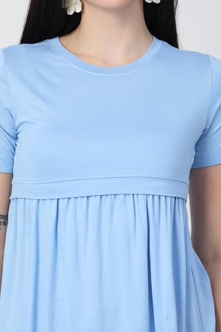 Interior view of Ice Blue Maternity Zipless Feeding Gathered Top showing Zipless.