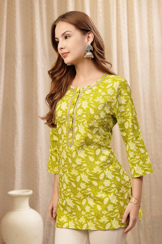 Yellow Booty Embroidered Neck; embroidery adds style to the maternity top.