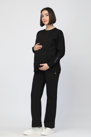 Laya Maternity Sweatshirt & Ribbed Pant Set - Black