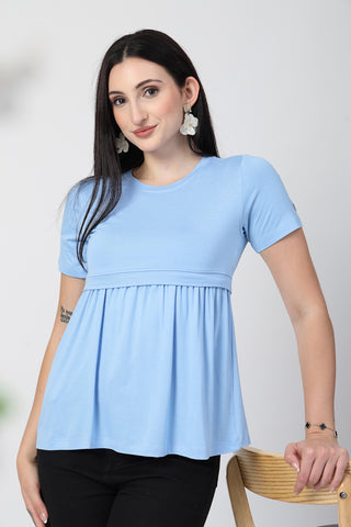 Close-up texture of Ice Blue Maternity Zipless Feeding Gathered Top in aqua-blue, showing the soft Viscose fabric.