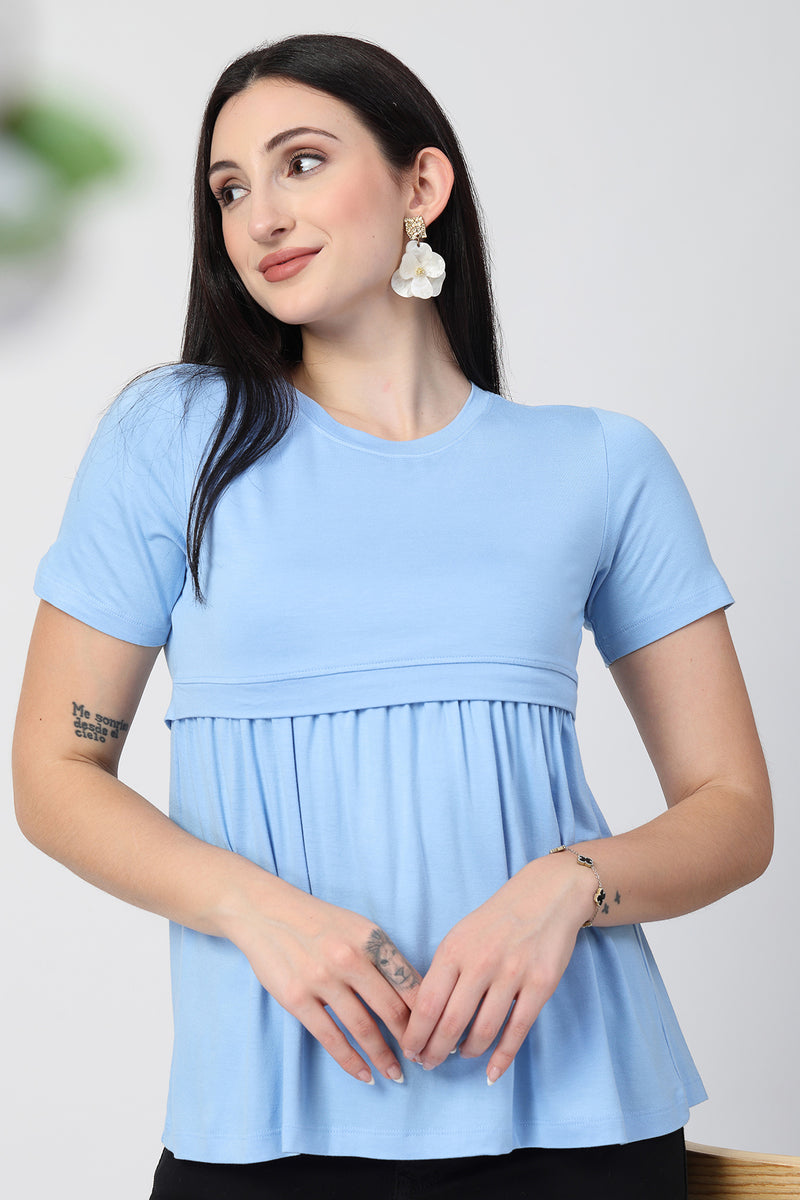 Ice Blue Maternity Zipless Feeding Gathered Top