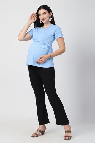 Detailed view of Ice Blue Maternity Zipless Feeding Gathered Top Zipless access and Viscose construction.