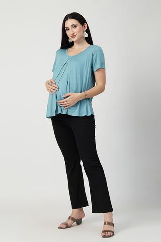 Interior view of Sea Green Front & Back Pleated Zipless Nursing Top showing Zipless.