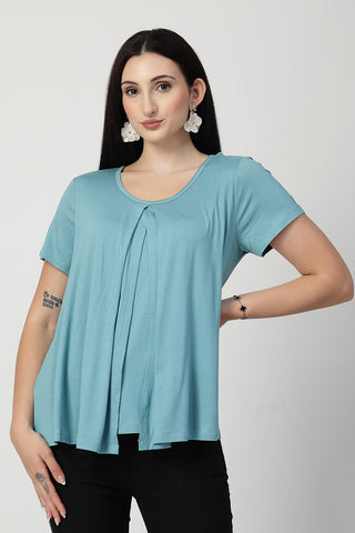 Sea Green Front & Back Pleated Zipless Nursing Top in light-sea-green made with soft Viscose fabric.