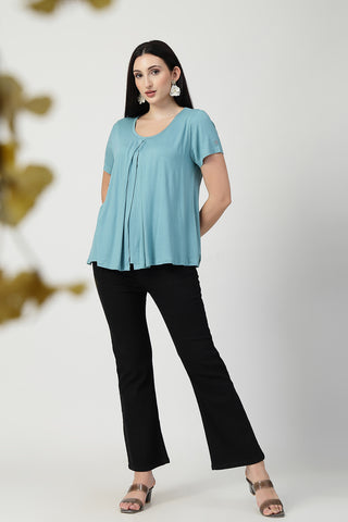 Sea Green Front & Back Pleated Zipless Nursing Top shown from alternate angle, highlighting comfort for all-day wear.