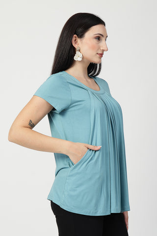 Sea Green Pleated Zipless Nursing Top shown from alternate angle, highlighting comfort for all-day wear.