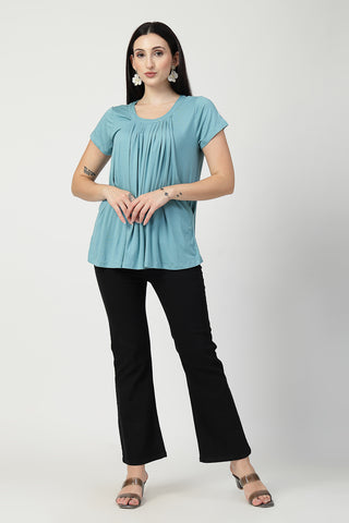 Detailed view of Sea Green Pleated Zipless Nursing Top Zipless access and Viscose construction.