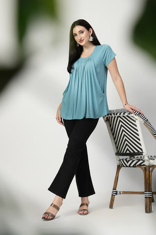 Close-up texture of Sea Green Pleated Zipless Nursing Top in light-sea-green, showing the soft Viscose fabric.