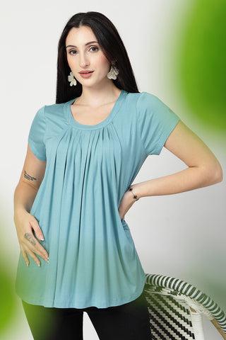 Sea Green Pleated Zipless Nursing Top in light-sea-green made with soft Viscose fabric.