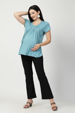 Interior view of Sea Green Pleated Zipless Nursing Top showing Zipless.