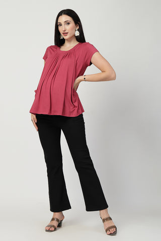 Smooth back view of dusty-pink Maternity Tops showing silhouette for comfort.