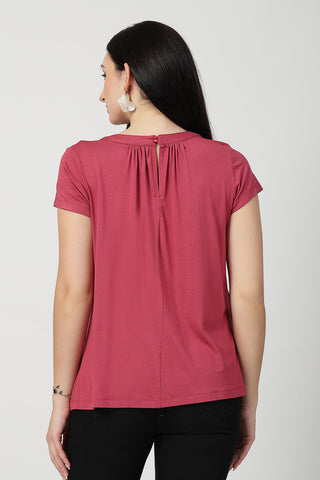 Close-up of dusty-pink Maternity Tops showing Zipless for easy nursing access.