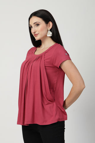 Side or angle view of Dusty Rose Pleated Zipless Nursing Top showing the Maternity Tops silhouette and fit.