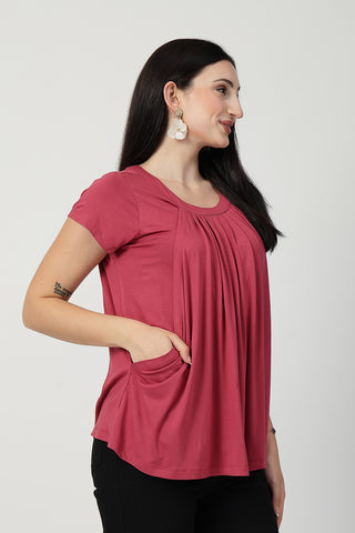 Interior view of Dusty Rose Pleated Zipless Nursing Top showing Zipless.