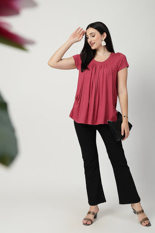 Dusty Rose Pleated Zipless Nursing Top shown from alternate angle, highlighting comfort for all-day wear.