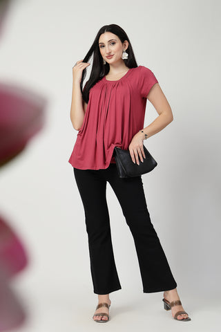 Detailed view of Dusty Rose Pleated Zipless Nursing Top Zipless access and Viscose construction.