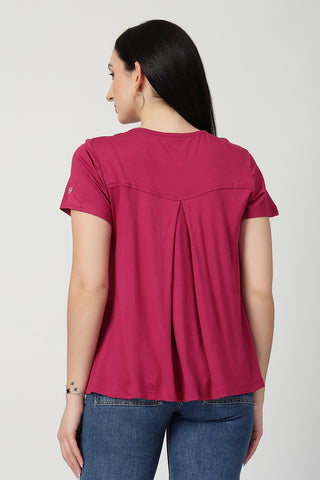 Close-up of rosy-pink Maternity Tops showing Zipless for easy nursing access.