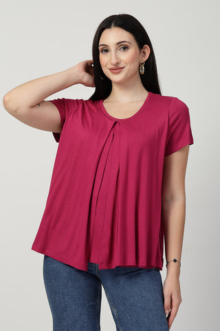 Deep Rose Front & Back Pleated Zipless Nursing Top in rosy-pink made with soft Viscose fabric.