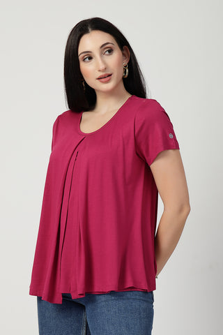 Smooth back view of rosy-pink Maternity Tops showing silhouette for comfort.