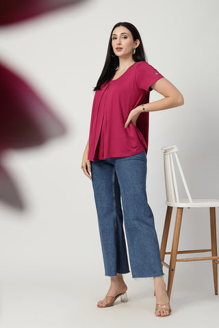 Close-up texture of Deep Rose Front & Back Pleated Zipless Nursing Top in rosy-pink, showing the soft Viscose fabric.