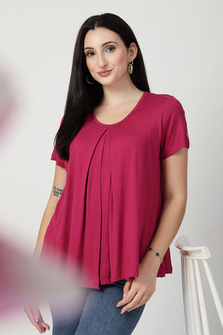 Styling detail of Deep Rose Front & Back Pleated Zipless Nursing Top, highlighting rosy-pink print and Maternity Tops design.