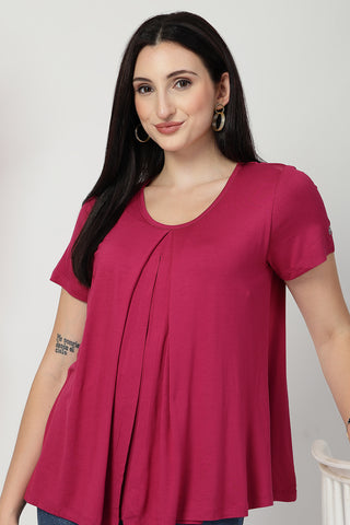 Deep Rose Front & Back Pleated Zipless Nursing Top shown from alternate angle, highlighting comfort for all-day wear.