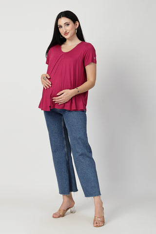 Detailed view of Deep Rose Front & Back Pleated Zipless Nursing Top Zipless access and Viscose construction.