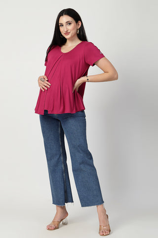 Side or angle view of Deep Rose Front & Back Pleated Zipless Nursing Top showing the Maternity Tops silhouette and fit.