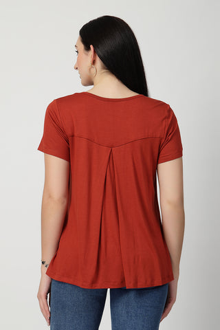 Close-up of red Maternity Tops showing Zipless for easy nursing access.