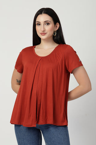 Rust Front & Back Pleated Zipless Nursing Top in red made with soft Viscose fabric.