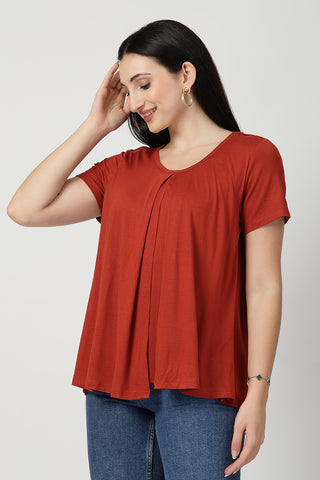 Smooth back view of red Maternity Tops showing silhouette for comfort.