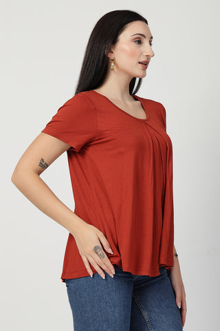 New mom wearing red Maternity Tops; shows flattering post-delivery fit and Zipless.