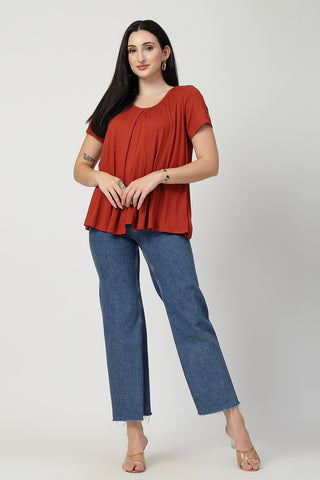 Side or angle view of Rust Front & Back Pleated Zipless Nursing Top showing the Maternity Tops silhouette and fit.