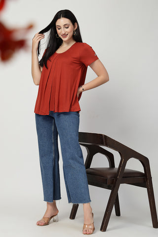 Rust Front & Back Pleated Zipless Nursing Top shown from alternate angle, highlighting comfort for all-day wear.