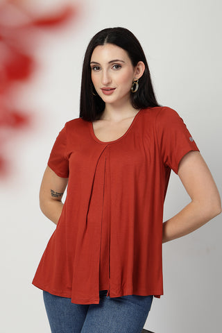 Detailed view of Rust Front & Back Pleated Zipless Nursing Top Zipless access and Viscose construction.