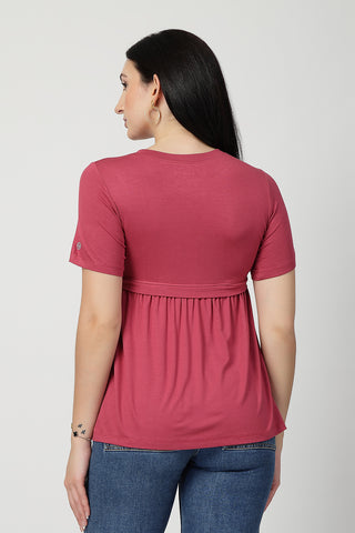 Close-up of dusty-pink Maternity Tops showing Zipless for easy nursing access.