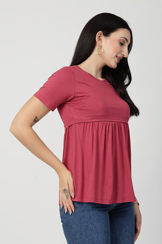 Interior view of Dusty Rose Maternity Zipless Feeding Gathered Top showing Zipless.