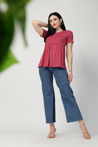 Close-up texture of Dusty Rose Maternity Zipless Feeding Gathered Top in dusty-pink, showing the soft Viscose fabric.